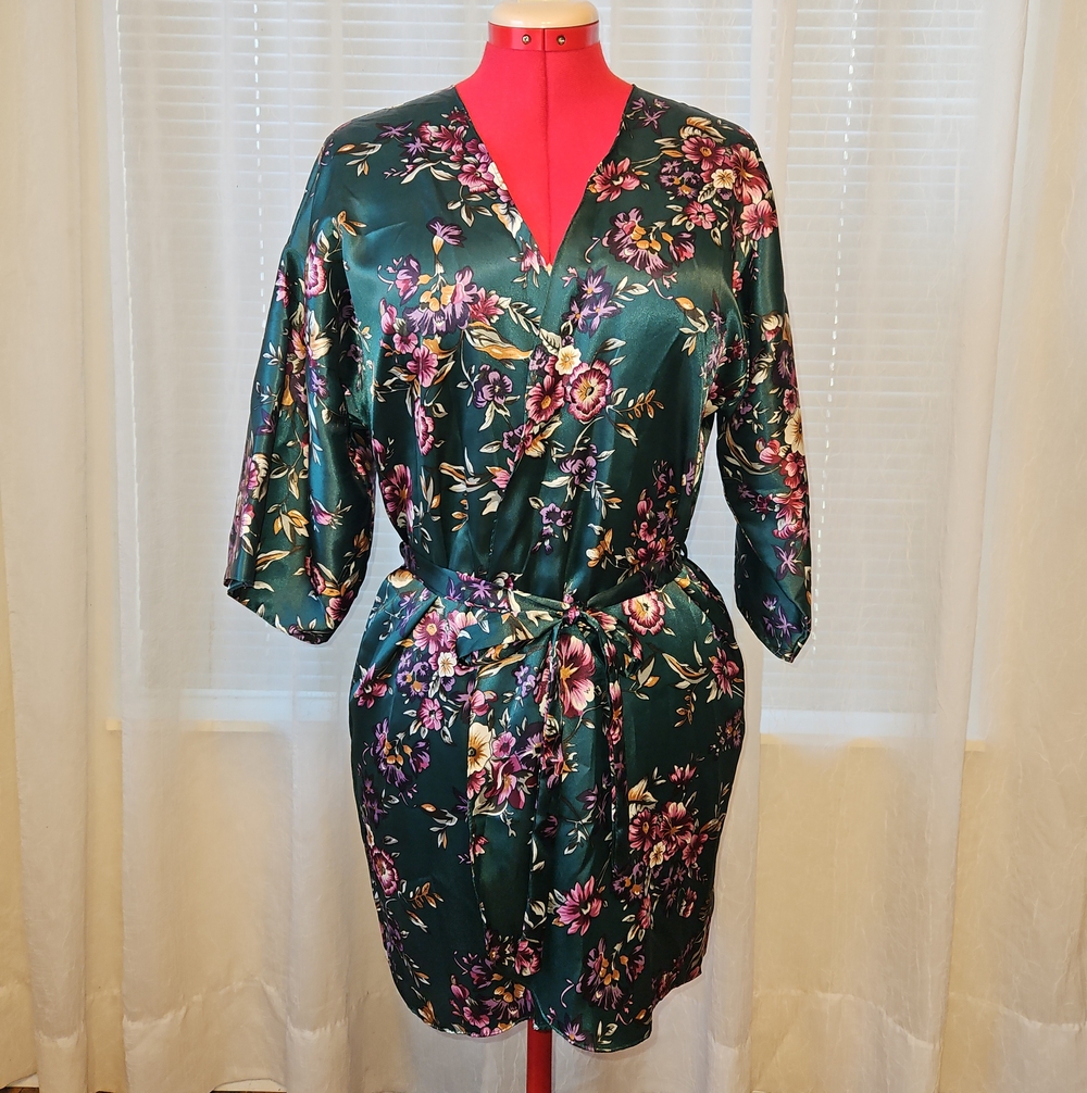 Katherine Bishop Floral Wrap Robe in Deep Green with Self-Tie Belt